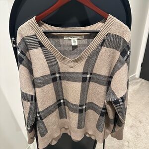 Max Studio Beige and Black Plaid V-Neck Sweater